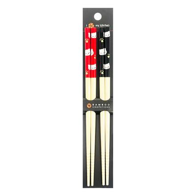 BAMBOO CHOPSTICKS 2 PAIR SET CAT BLACK&RED