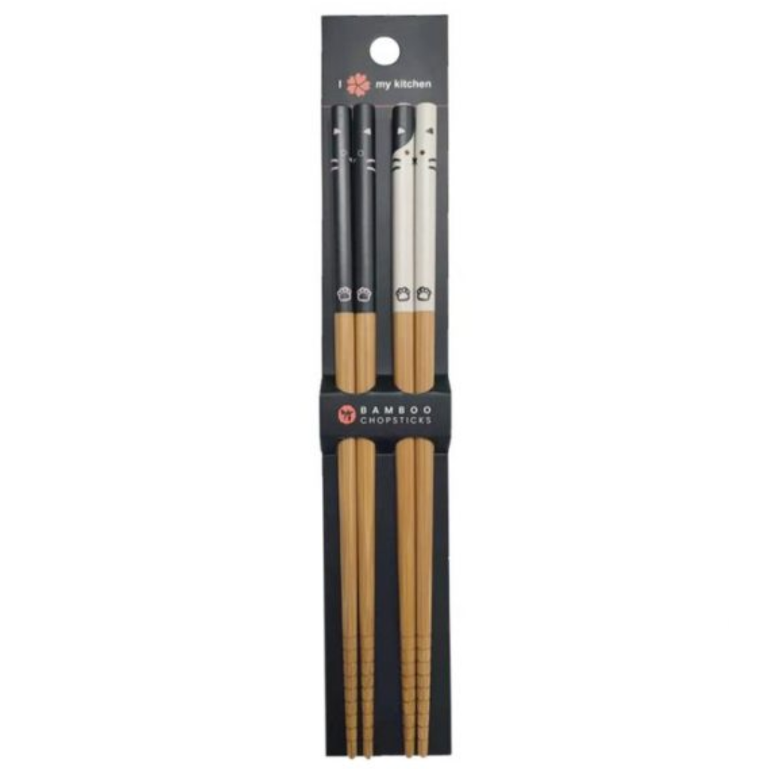BAMBOO CHOPSTICKS 2 PAIR SET CAT BLACK & WHITE