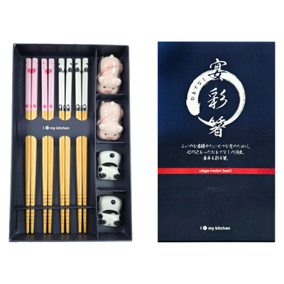 BAMBOO CHOPSTICKS SET WITH CERAMIC HOLDER PIG & PANDA