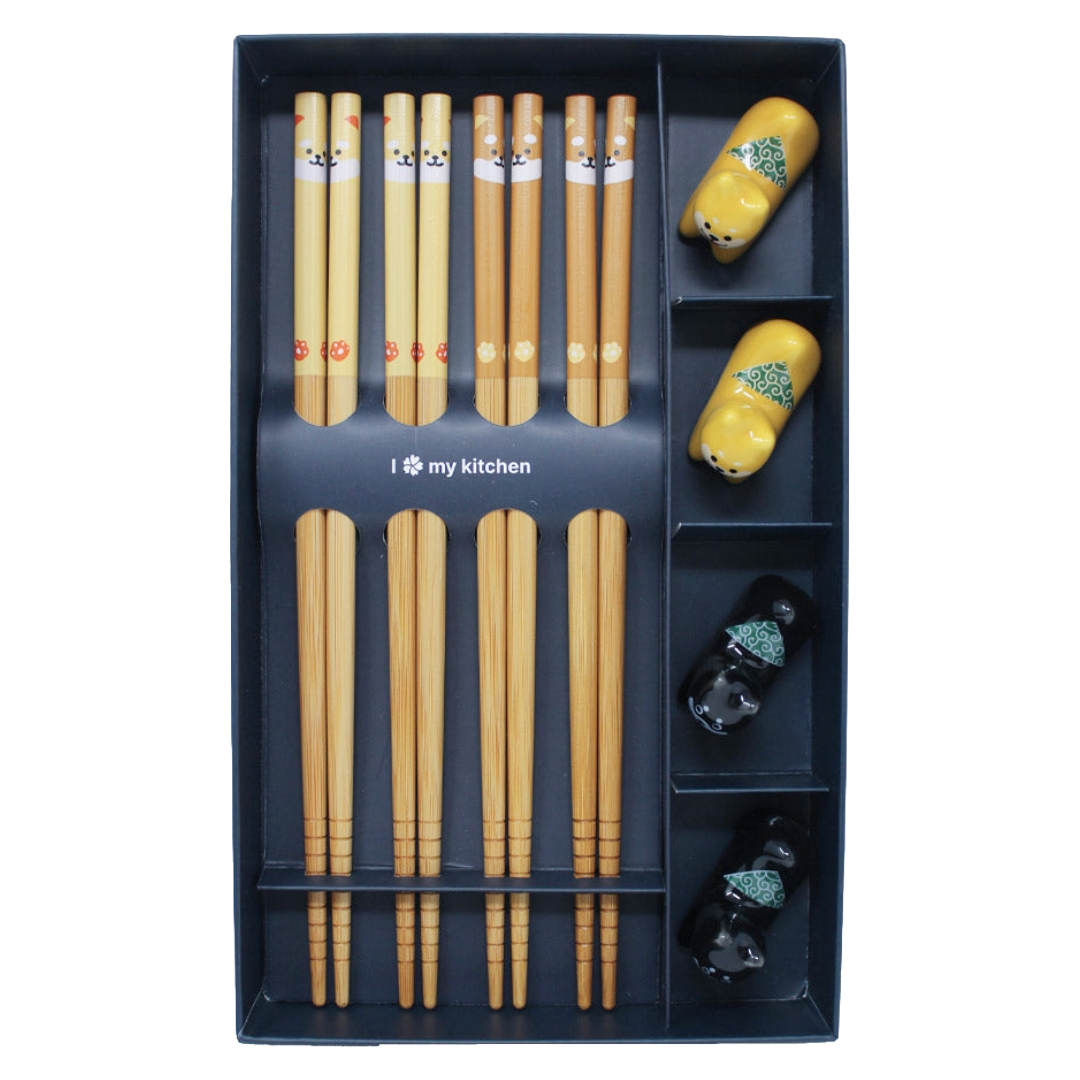 BAMBOO CHOPSTICKS SET WITH CERAMIC HOLDER SHIBA
