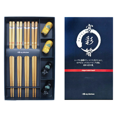BAMBOO CHOPSTICKS SET WITH CERAMIC HOLDER SHIBA