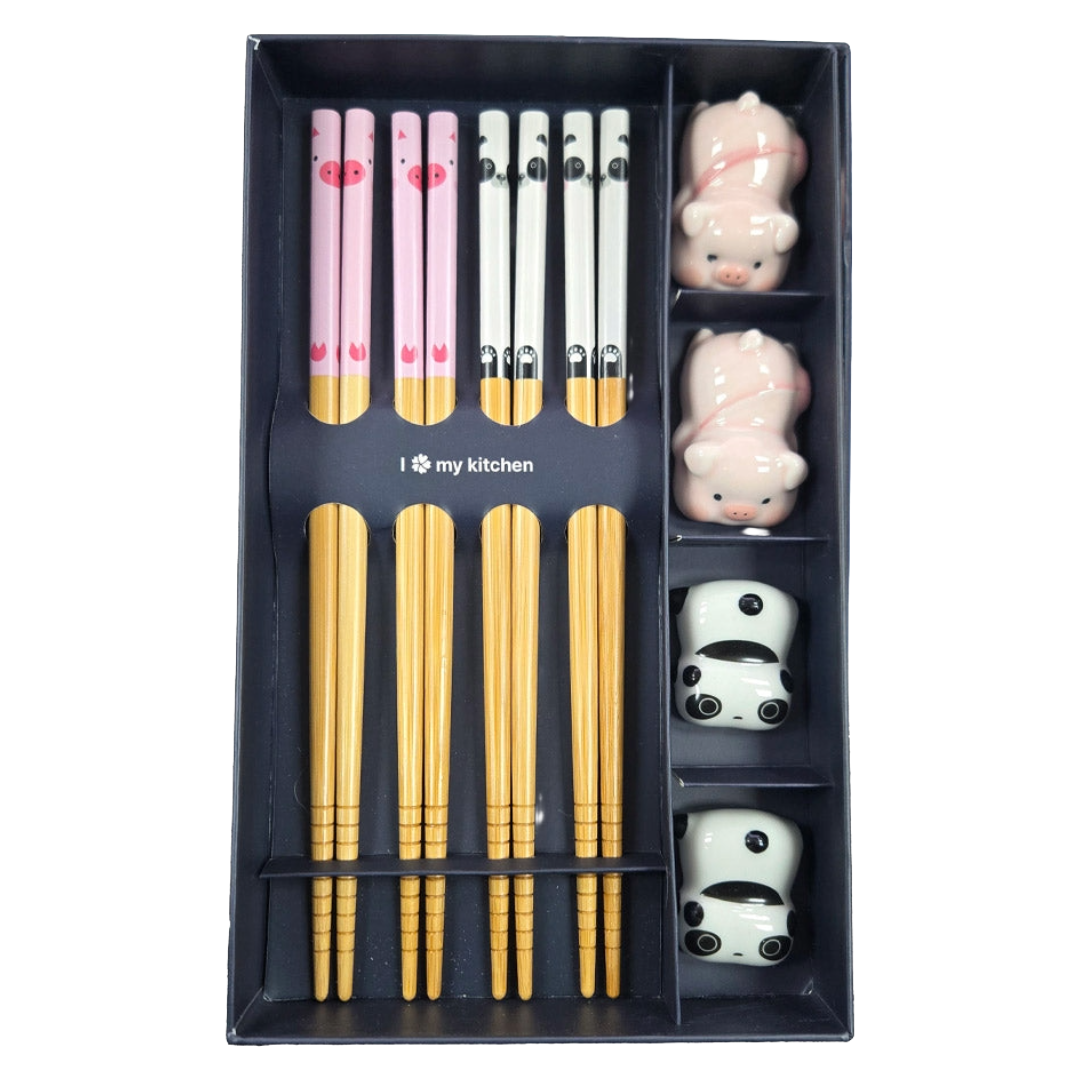 BAMBOO CHOPSTICKS SET WITH CERAMIC HOLDER PIG & PANDA