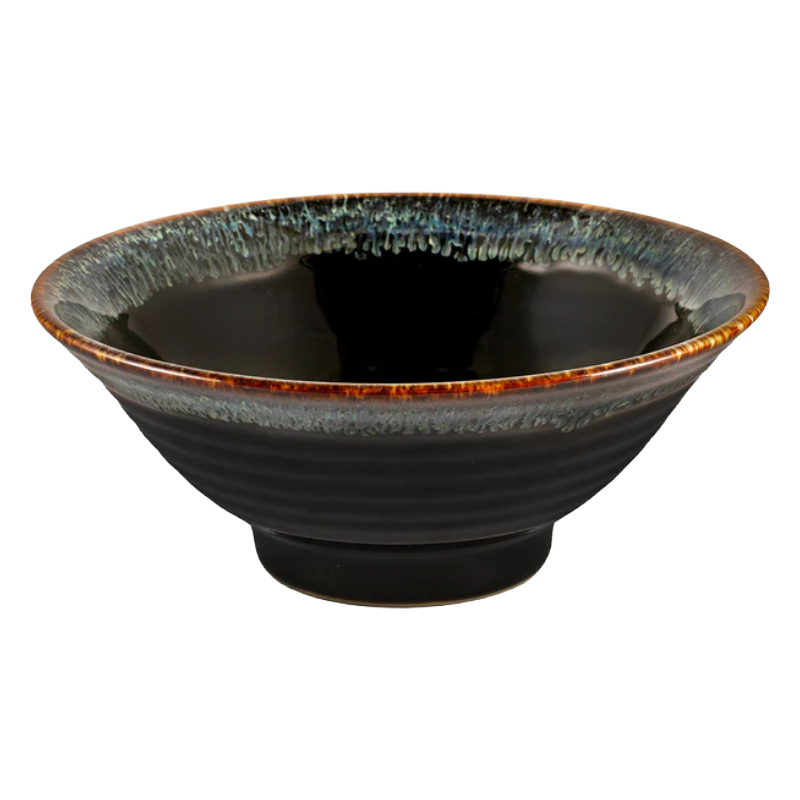 GLOSSY BLACK NOODLE BOWL WITH BLUE TRIM 33 FL OZ 7.68" DIA
