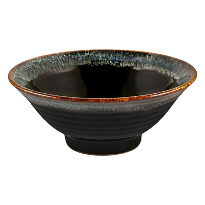 GLOSSY BLACK NOODLE BOWL WITH BLUE TRIM 33 FL OZ 7.68" DIA