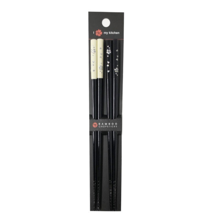 BAMBOO CHOPSTICKS 2 PAIR SET WHITE&BLK SAKURA