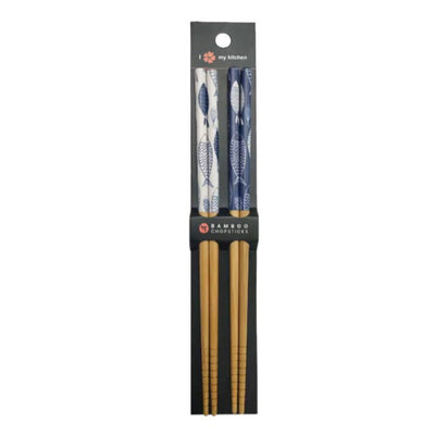 BAMBOO CHOPSTICKS 2 PAIR SET ORIENTAL WHITE/BLUE