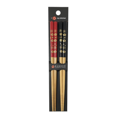 BAMBOO CHOPSTICKS 2 PAIR SET RED&BLACK FLOWER