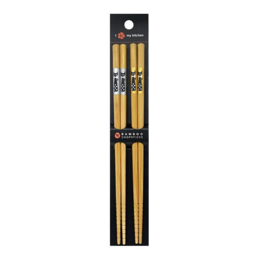 BAMBOO CHOPSTICKS 2 PAIR SET SILVER & GOLD CAT