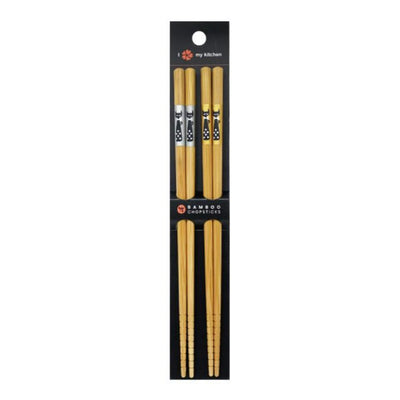 BAMBOO CHOPSTICKS 2 PAIR SET SILVER & GOLD CAT